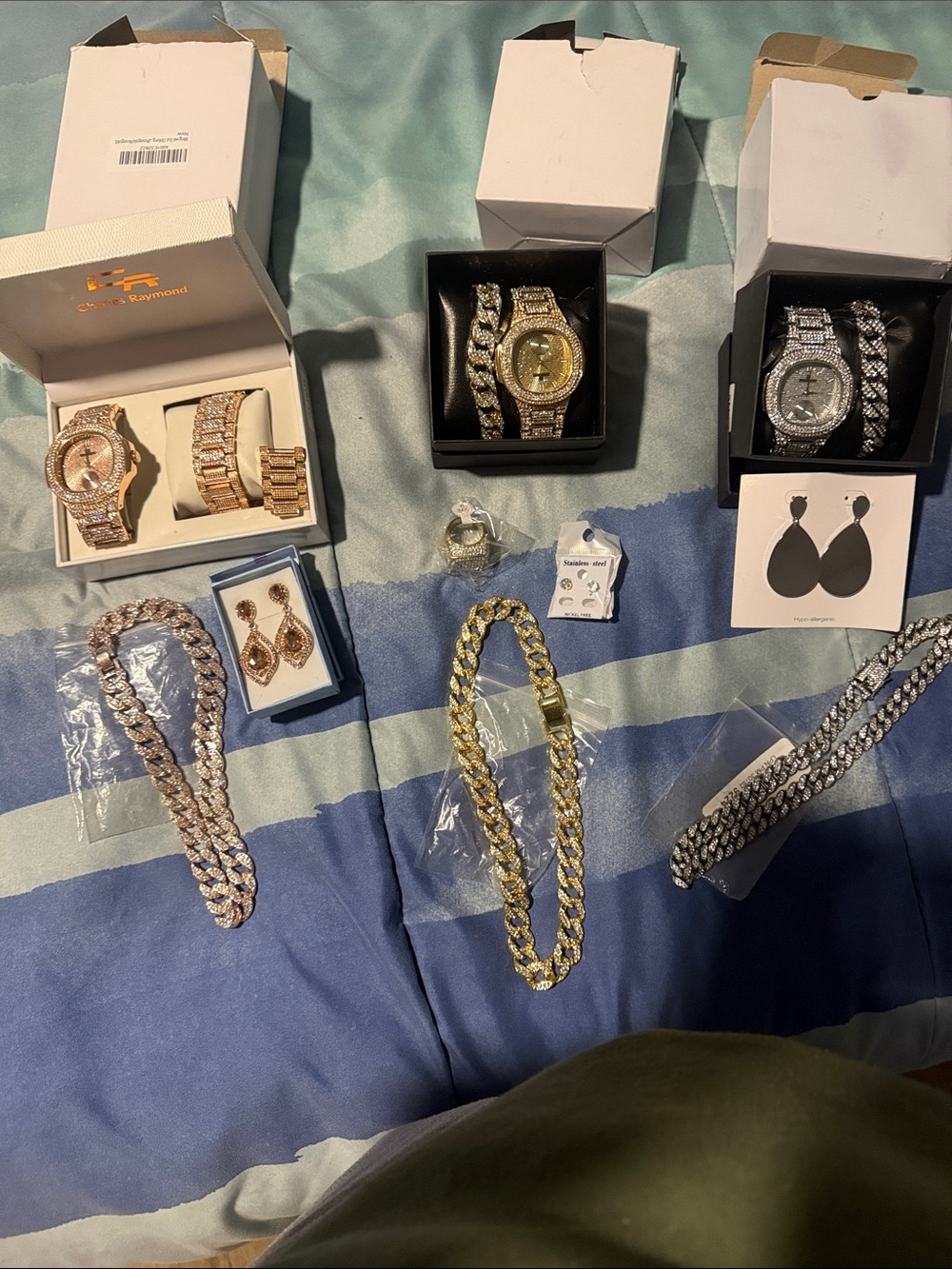 3X CR Unisex Crystal-Accent Watch & Jewelry Set in Gold, Rose Gold & Silver